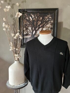 Vintage 80's Chemise Lacoste Men's Black V-Neck Knit Sweater with Chest Logo